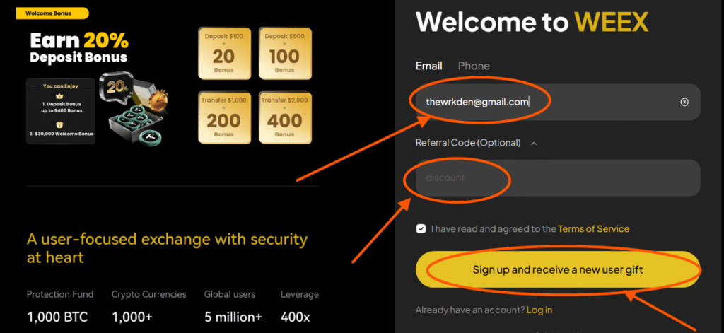 Sign Up on Weex Exchange